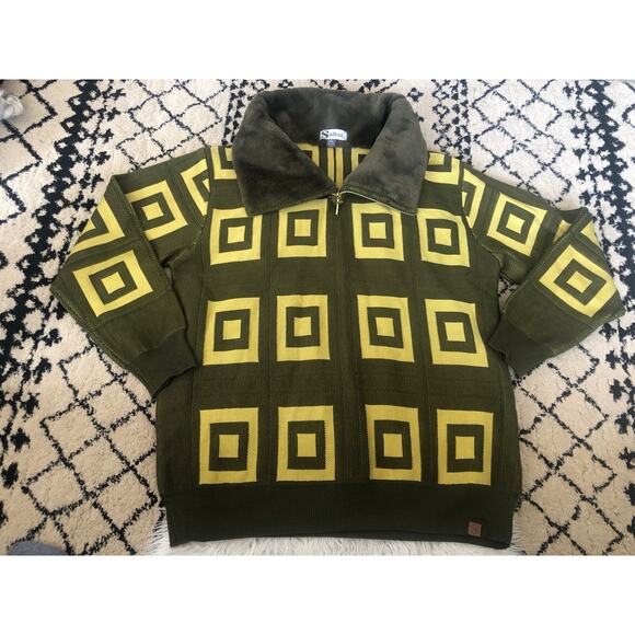 Silversilk Men XXL Green Pattern Squares Full Zip Sweater Faux Fur Collar. R - Picture 1 of 8